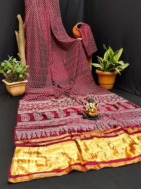 Ajrakh Patten Printed Pure Soft Silk Light Weight Lagdi Patta Block Print Saree Etsy