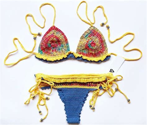 Crochet Bikini Set Handmade Top Bottom Yellow Blue Multi Coloured Beaded And Adjustable Anni