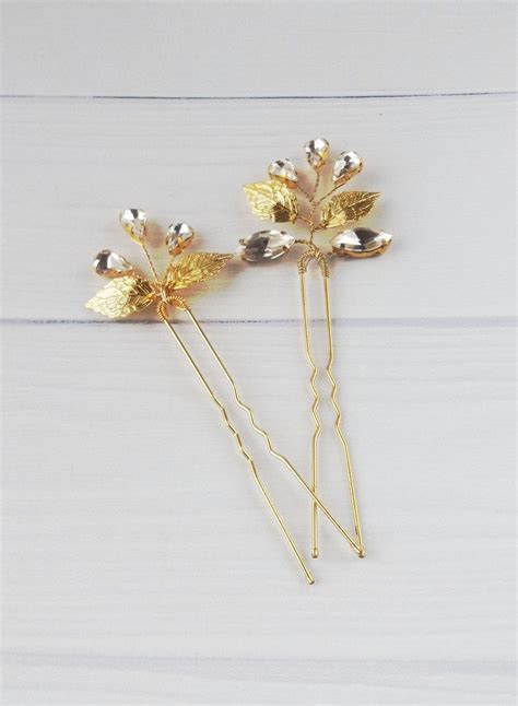 Gold Bridal Hair Pin Of Crystals And Leaves Wedding Accessory Hair