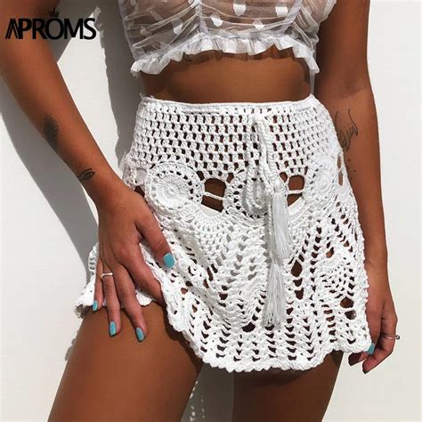 Aproms Boho Handmade Cotton Crochet White Mini Skirts Women Summer