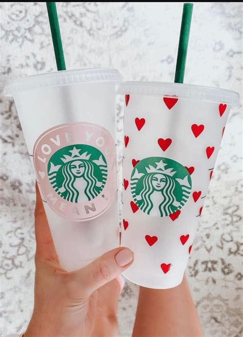 Valentines Day Starbucks Cup Reusable Customizable Pink Red Hearts Love