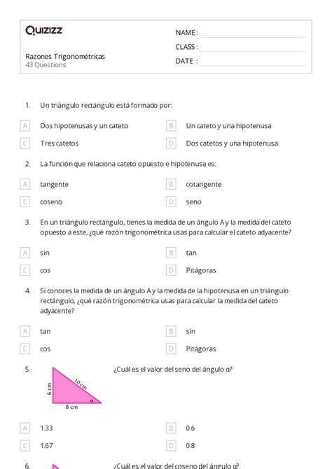 50 Razones Trigonométricas Sen Cos Tan Csc Sec Y Cot Hojas De Trabajo