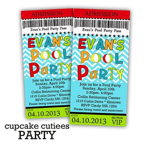 Pool Party Ticket Pass BOYS Bright by CupcakeCutieesParty, $12.00 ...