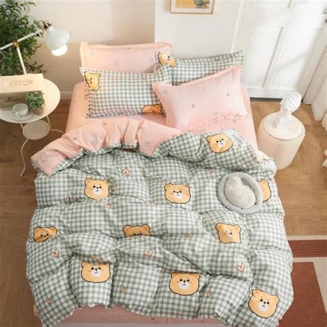 Peach And Green Check Print Teddy Bear Bedding Set Duvet Bedding Sets