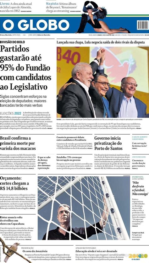 Capa O Globo Edição Sábado 30 de Julho de 2022