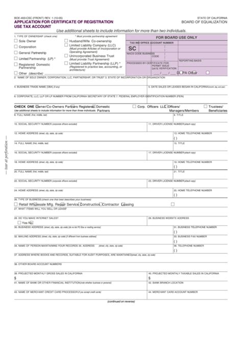 Fillable Form Boe Csc Application For Certificate Of Registration