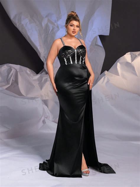 Glamrae Plus Size Black Glamorous Sexy Mermaid Tail Sequin Split Dress