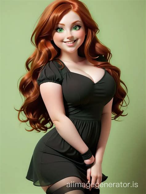 Smiling Redhaired Girl In Black Dress With Green Eyes And Plump Lips