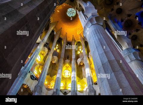 The famous interior of the Sagrada Familia by Antoni Gaudi in Barcelona ...