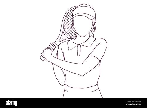 Young Girl Holding A Tennis Racket Hand Drawn Style Vector Illustration