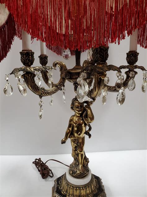 1950 S Heavy Brass Cherub Lamp With Crystal Drops