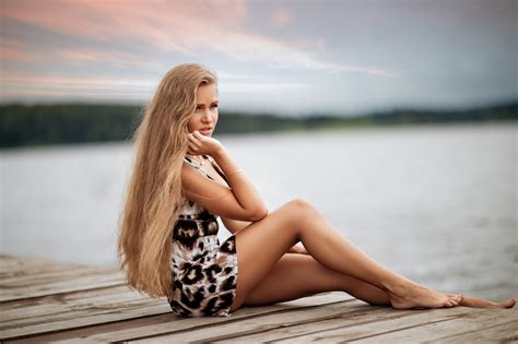 Wallpaper Women Blonde Long Hair Tanned Dress Pier Depth Of