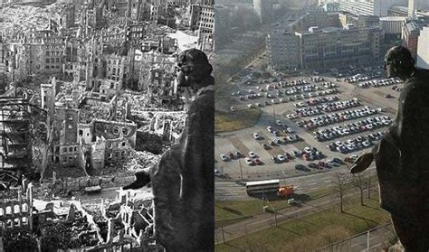 Дрезден после бомбардировки в 1945 и сейчас