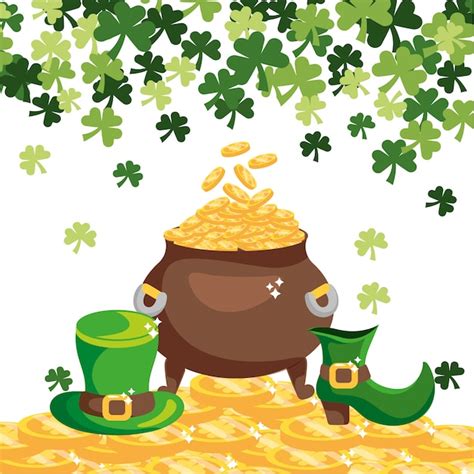 Premium Vector Gold Coins Inside Cauldron With St Patrick Hat And Boot