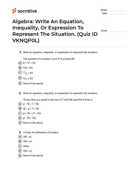 Algebra Write An Equation Inequality Or Expression To Represent The Si Quiz Shop