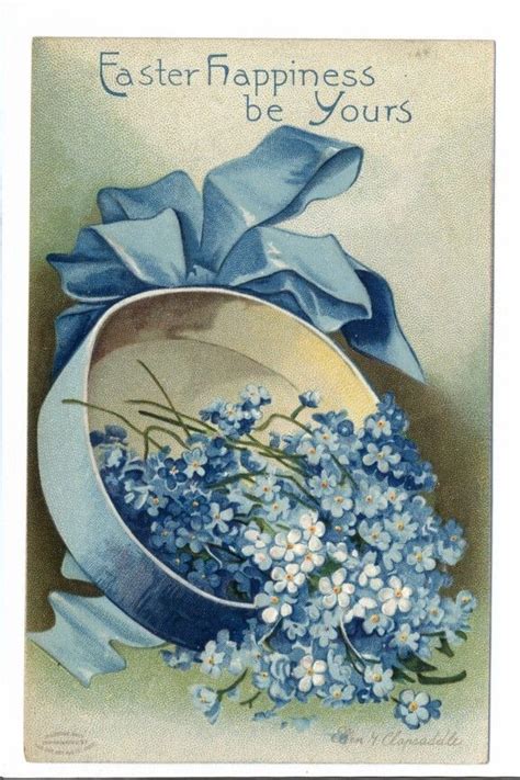 Easter Postcard Hat Box Of Forget Me Nots Signed Ellen H