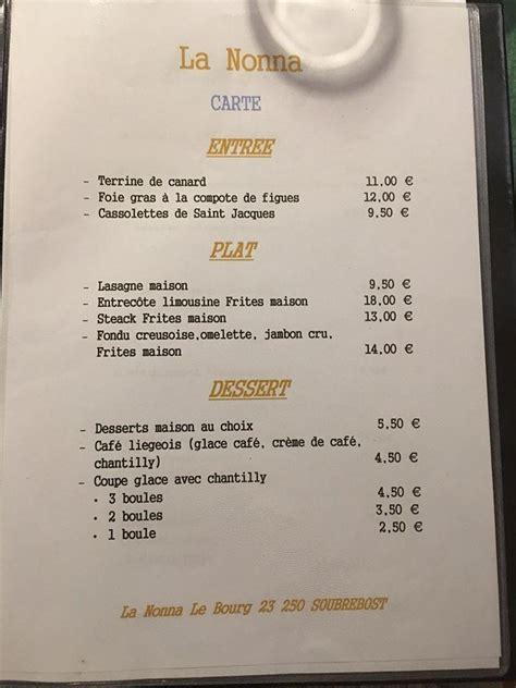 Menu Au La Nonna Restaurant Soubrebost