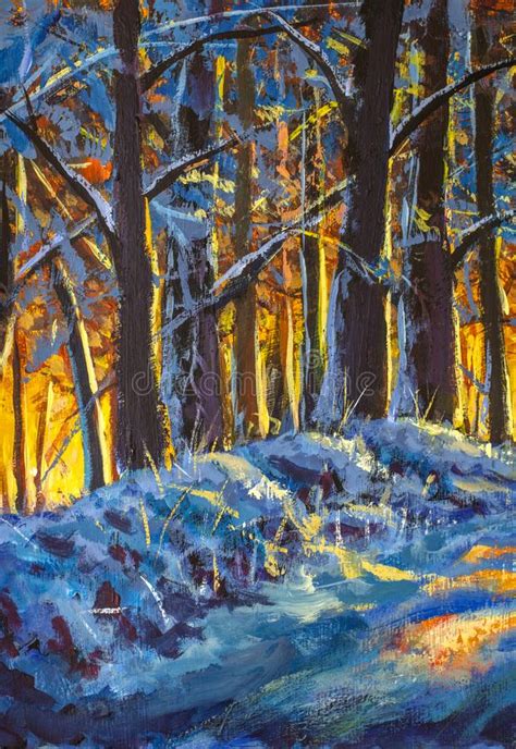 Trees in Winter Forest - Original Oil Painting Stock Illustration - Illustration of wood, forest ...