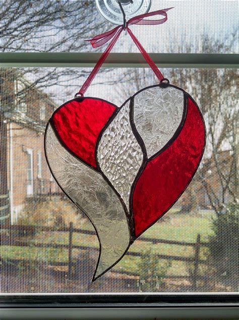 Stained Glass Heart Suncatcher Red And Clear Valentines Day Gift