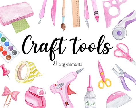 Craft Tools Clipart Watercolor Pink Scrapbook Supplies Etsy