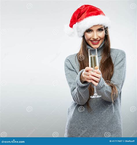 Christmas Santa Hat Isolated Woman Portrait Hold Wine Glass Stock Image