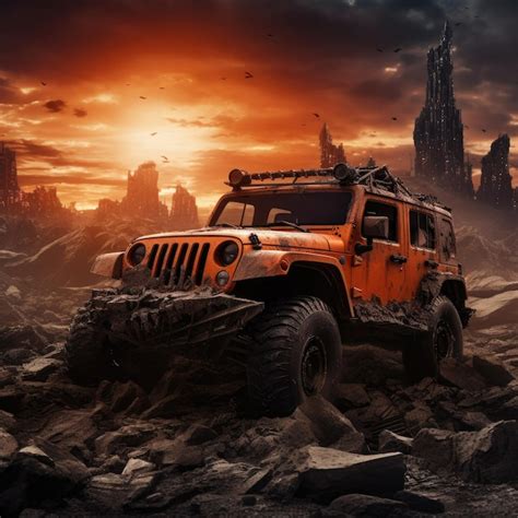 Premium Ai Image Apocalyptic Moonrise Illuminating A Futuristic Jeep