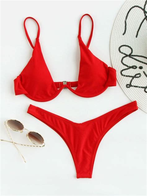 Swim Basics Set bikini unicolor Sujetador con aros y bottom de corte alto Traje de baño de 2