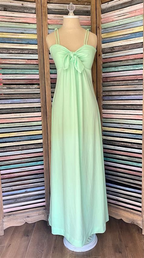 1970s Seafoam Green Maxi Dress With Embroidery And Te Gem