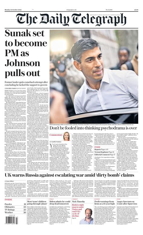 Daily Telegraph Front Page 24th Of October 2022 Tomorrows Papers Today