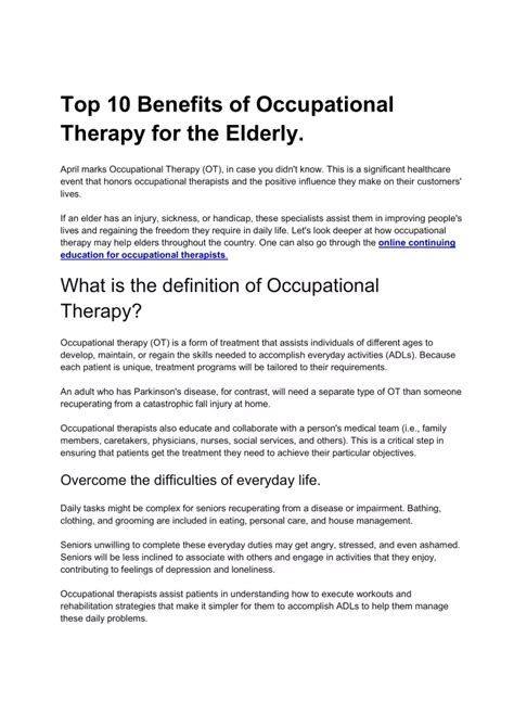 Ppt Top 10 Benefits Of Occupational Therapy For The Elderly