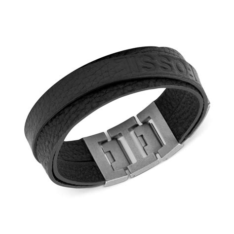 Fossil Stainless Steel Black Leather Double Wrap Bracelet in Black for ...