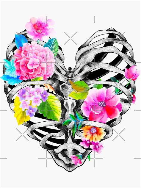 Rib Cage Heart Flower Skeleton Sticker For Sale By HartArtDesigns