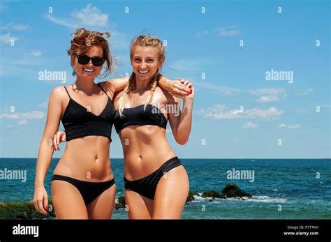 Happiness Moment Two Attractive Women In Bikini On The Beach Best Friends Having Fun Summer