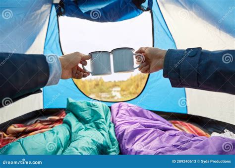 View From Camp Tent With Hands Toasting Tea Cups Stock Image Image Of