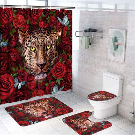 Framics Red Rose Shower Curtain And Rug Sets African Leopard Cheetah