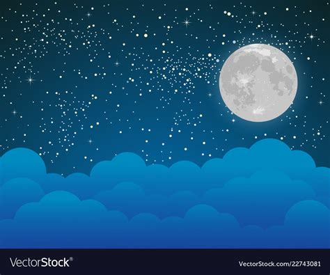 Starry Sky With Blue Clouds Moon Shining Stars Vector Image