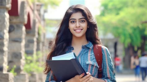 Young Indian College Girl Holding Backpack And Books And Giving Happy Expression Premium Ai