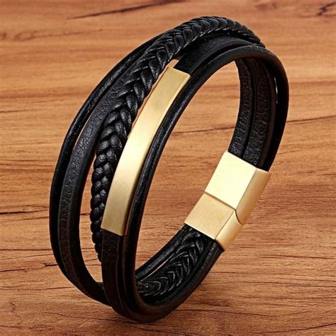 Pulseira Masculina Couro Preto Folheada A Ouro Garantia