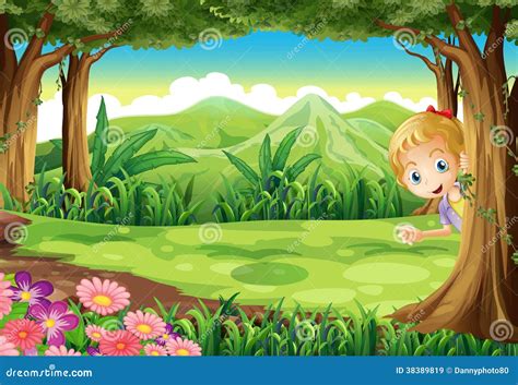 A Young Girl Playing Hide And Seek At The Forest Stock Vector