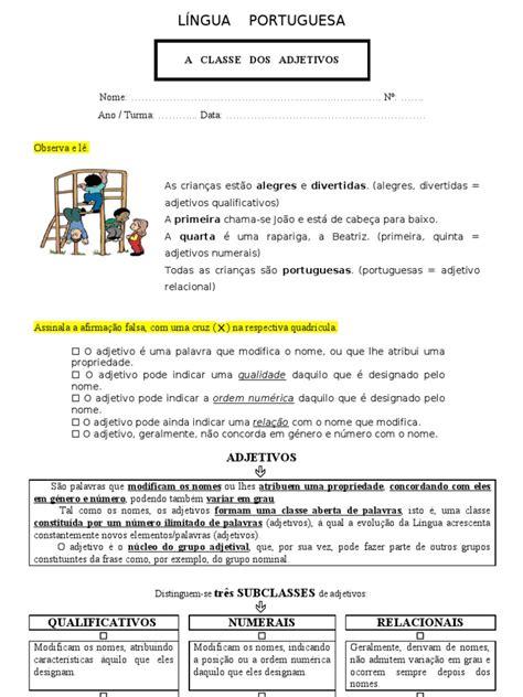 A Classe Dos Adjetivos Ficha De Trabalho 5º Ano Adjetivo Plural