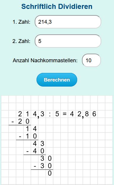 Schriftlich Dividieren Mit Komma Oder Rest Online Rechner