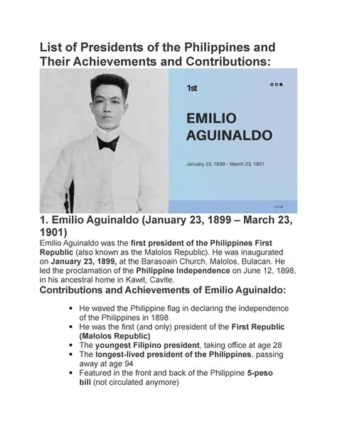 List Of Presidents Of The Philippines And Their Achievements And