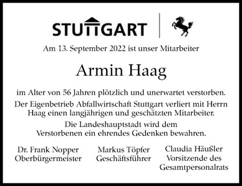 Traueranzeigen Von Armin Haag Stuttgart Gedenkt De