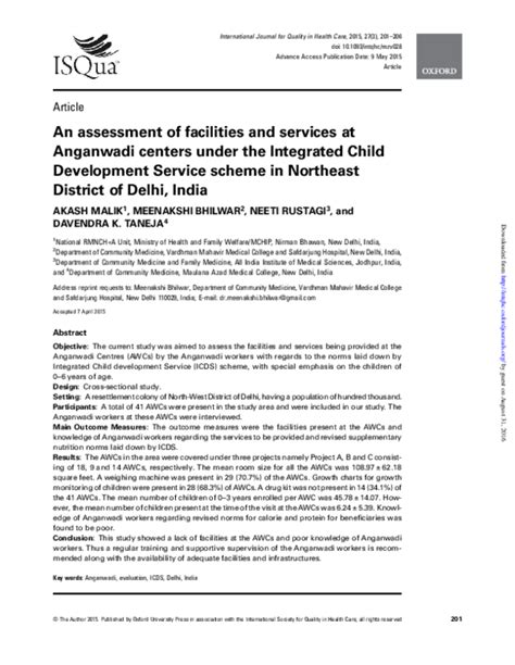 Pdf An Assessment Of Facilities And Services At Anganwadi Centers