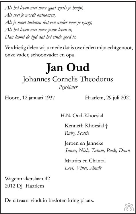 Jan Johannes Cornelis Theodorus Oud 29 07 2021 Overlijdensbericht En