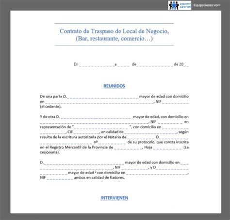 Contrato De Traspaso De Local De Negocio Comercios Bares