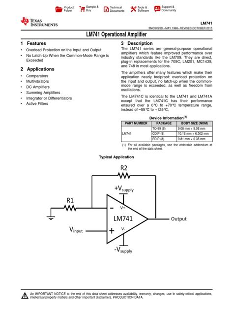 Data Sheet Lm741 Pdf Operational Amplifier Amplifier