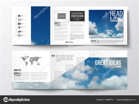 Set Of Tri Fold Brochures Square Design Templates Beautiful Blue Sky