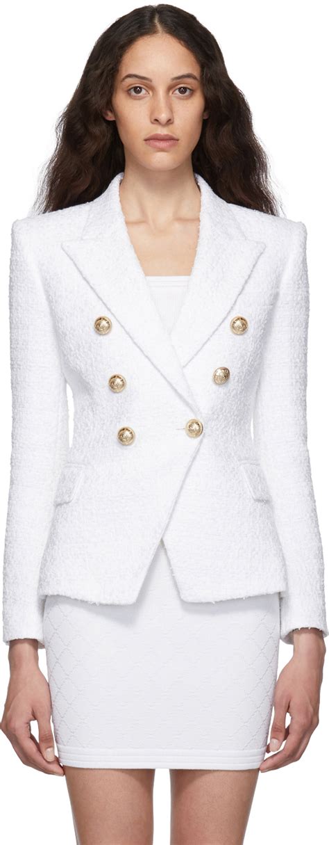 Balmain Blazer en tweed à six boutons blanc SSENSE France