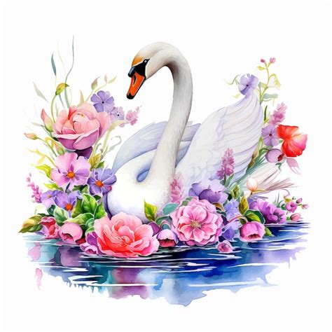 Premium Vector Swan Surrounded By Flowers Watercolor Paint